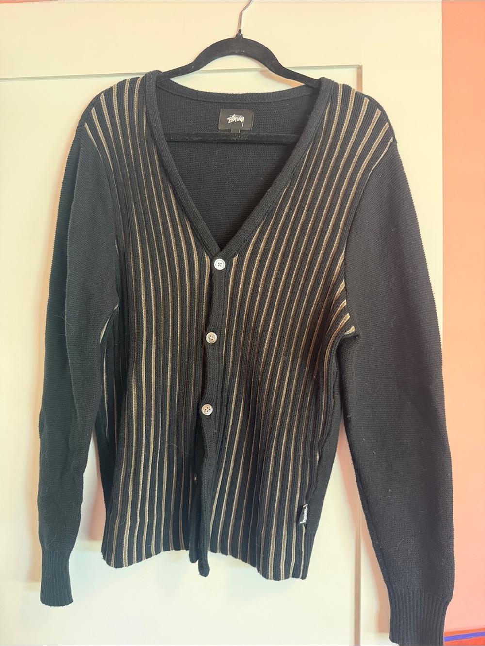 Stussy Black Cardigan with Tan Pinstripes